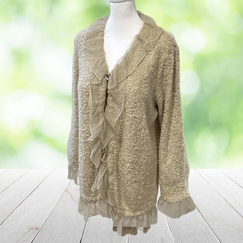 Vintage Coquette Cardigan Embellished Sweater Tulle Ruffle Jewel Button Size XL